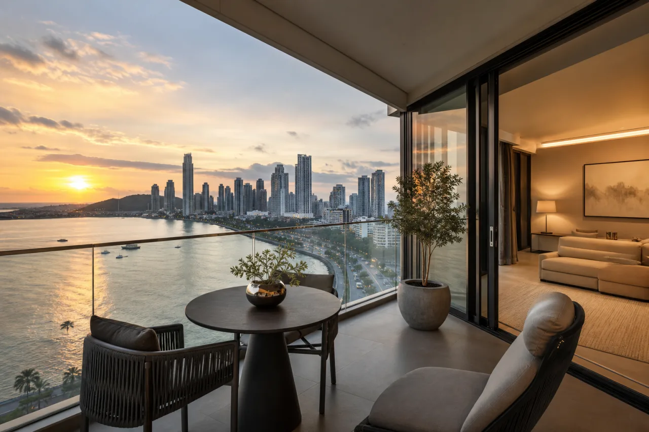 Terraza con vista a la bahía y el perfil urbano de Panamá