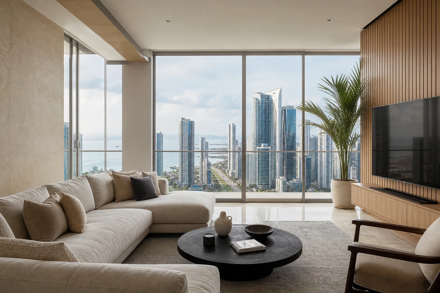 Sala contemporánea con vista panorámica de Ciudad de Panamá